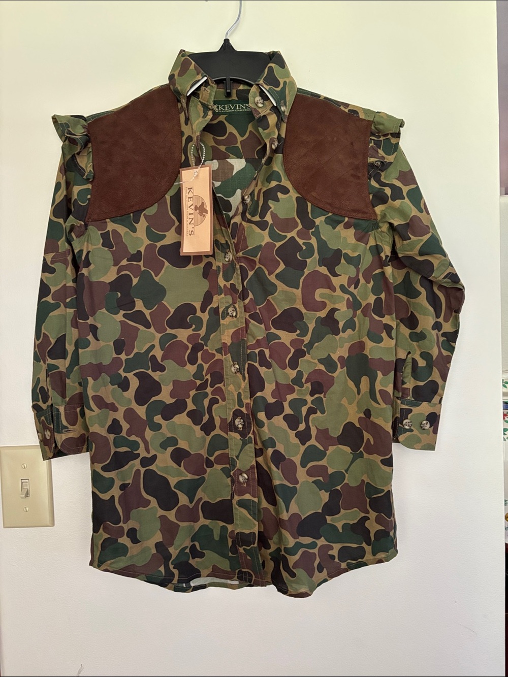 Kevin’s Girls Camo Shirt dress with Brown Shoulder Patches size M- NWT